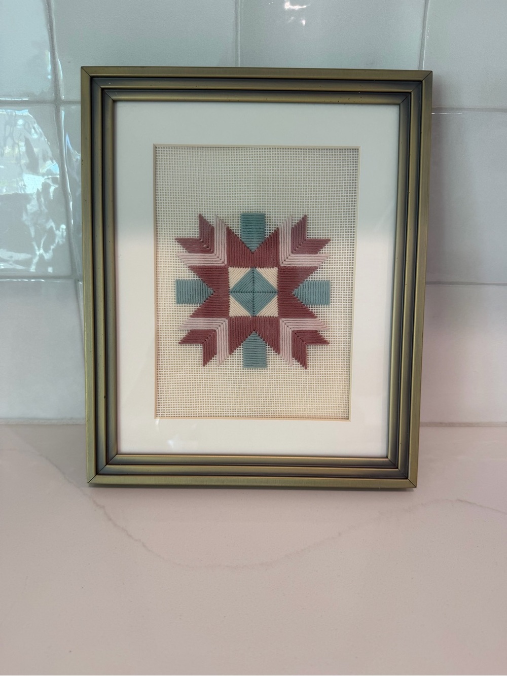 Vintage Framed Needlepoint Wall Art - Geometric Star Cross Stitch Boho